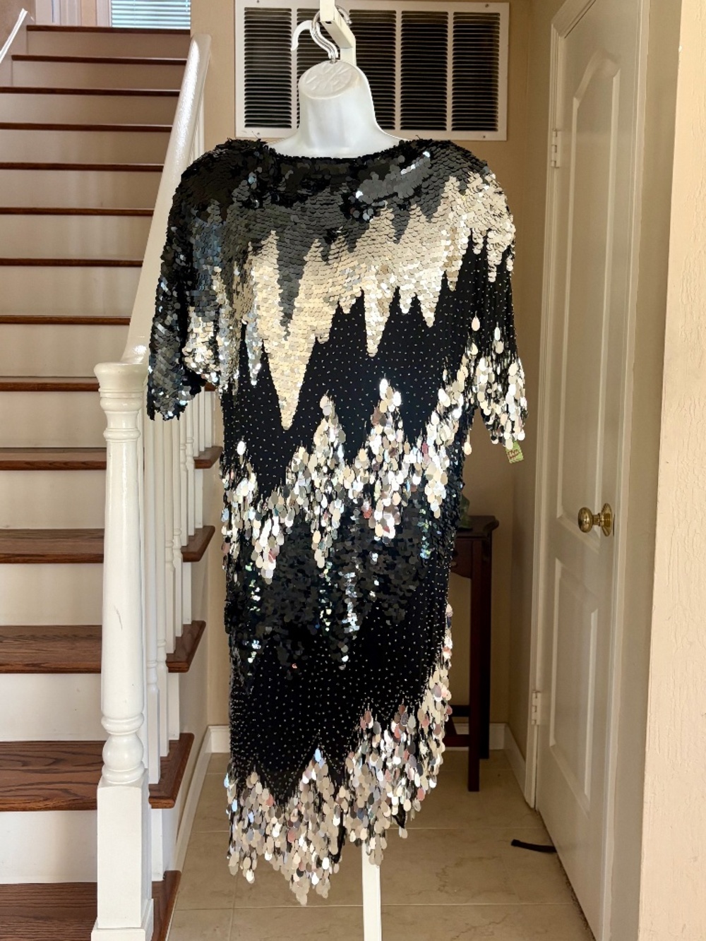 Vintage Greg Adams Silk Dress Hanging Black & Silver Sequins & Beading Small